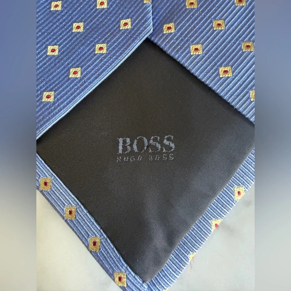 Hugo Boss Blue Tie with Gold Square Dots Silk Cotton Office Business Casual
